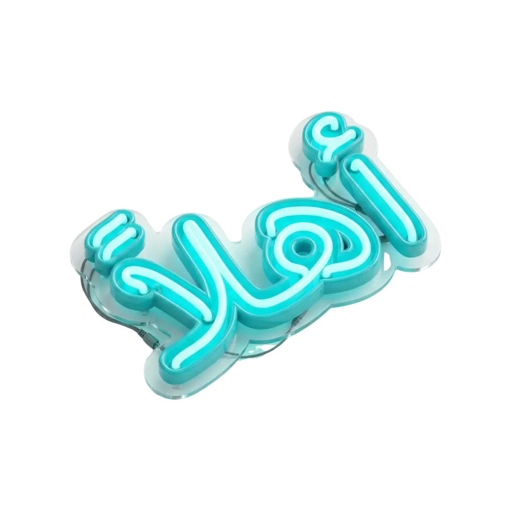 3D render of a turquoise glowing Arabic neon sign spelling 'Ahlan' in cursive, glossy glass tubes mounted on a translucent acrylic backing with visible wiring, isolated on a transparent background.