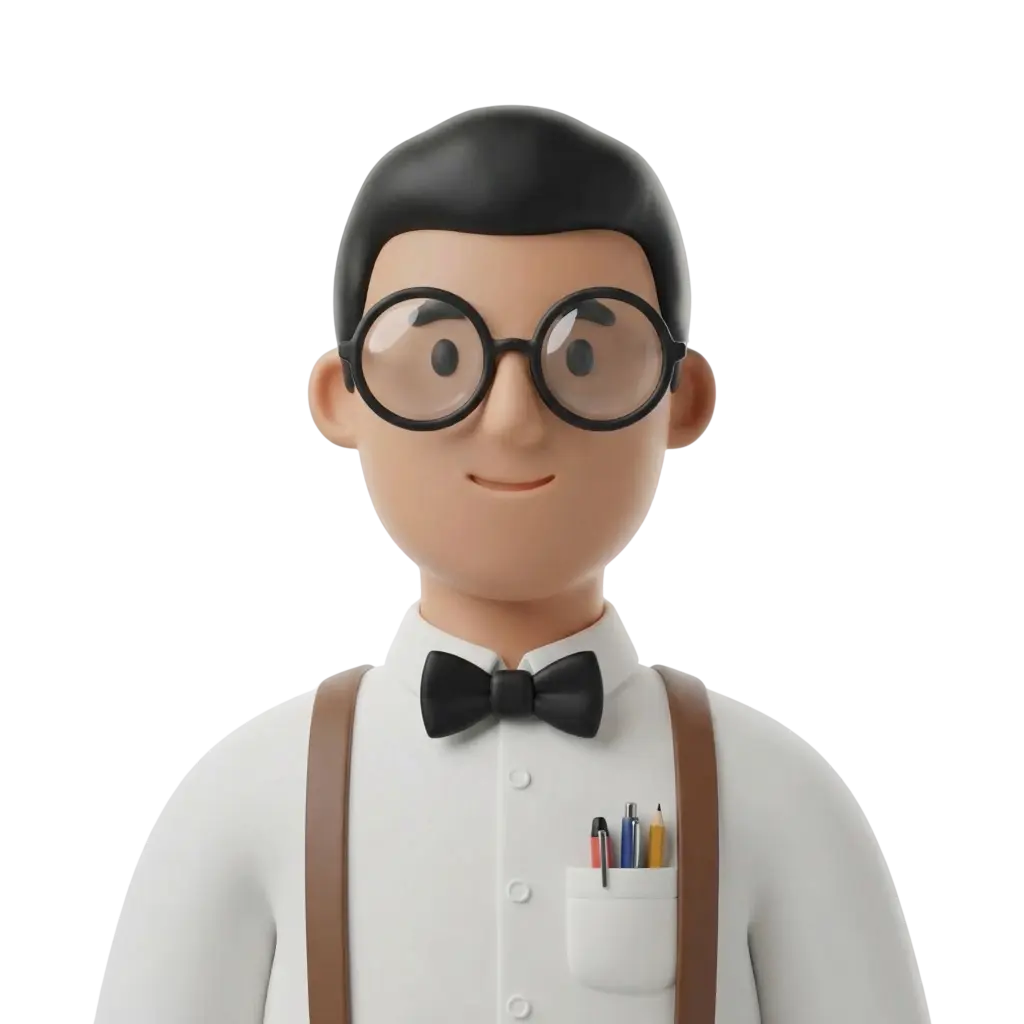 3D portrait bust of a young man with short black hair wearing round black glasses, a white shirt with a black bow tie and brown suspenders, pens and a pencil in his breast pocket, neutral smile, isolated on a black background.