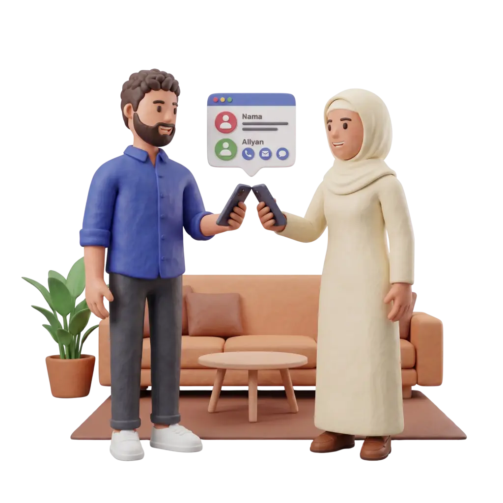 Full-body 3D scene of a bearded man in a blue shirt and a woman wearing a cream hijab exchanging contacts on smartphones while standing in front of a peach sofa, small coffee table and a potted plant. A floating contact-card UI appears above their phones against a black background.