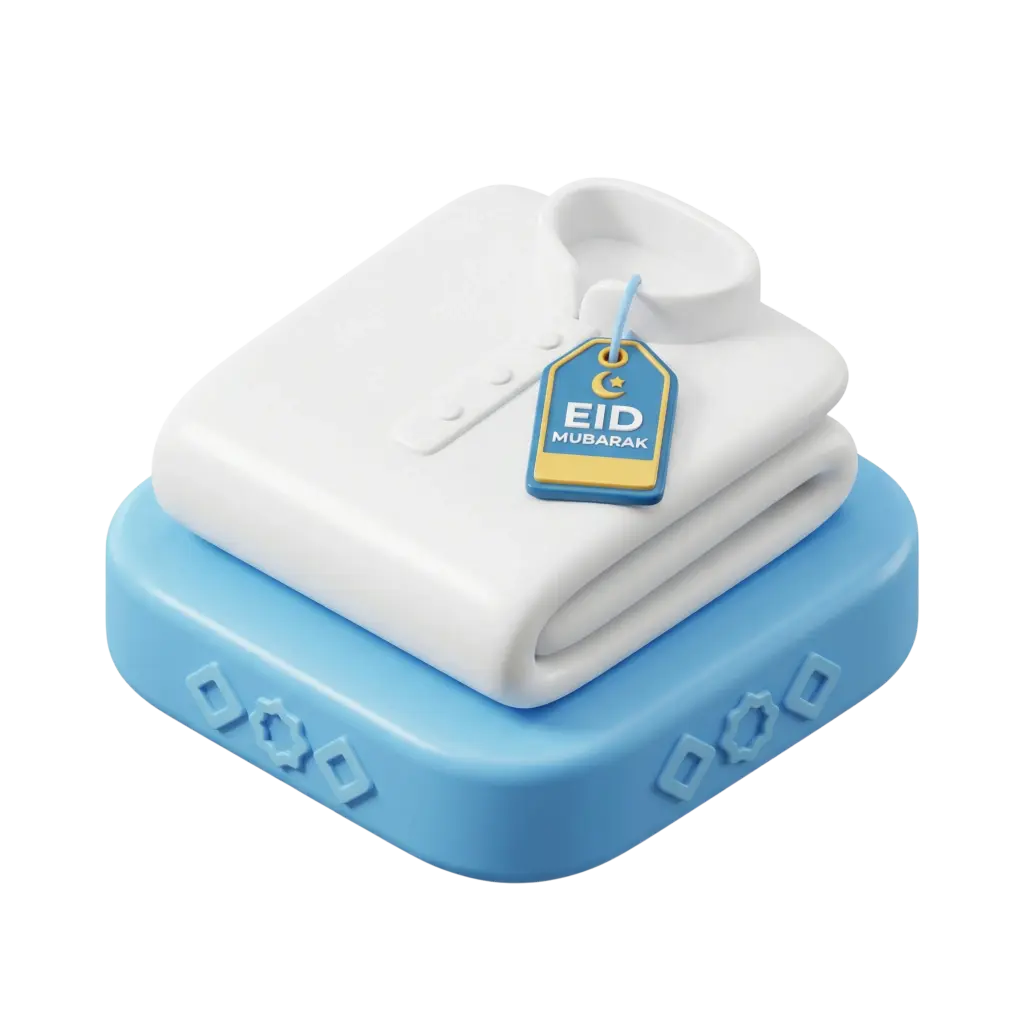 3D render of a folded white thobe with a smooth matte finish, topped by a blue-and-yellow "EID MUBARAK" tag and placed on a light-blue decorative base. Isolated on a transparent background, with soft rounded shapes and subtle geometric motifs on the base.