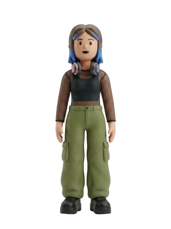 Full-body 3D character of a young female DJ wearing a black fishnet long-sleeve top over a black crop top and olive green cargo pants, with brown hair tipped blue, black lipstick, chunky black boots and over-ear headphones around her neck. She stands in a relaxed pose with a neutral friendly expression against an isolated black background.