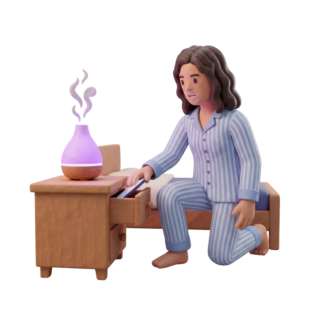 Full-body 3D scene of a single female character with long hair in blue striped pajamas kneeling beside a wooden bedside table, pulling a smartphone from a drawer while a purple-lit essential-oil diffuser emits steam. Black isolated background.