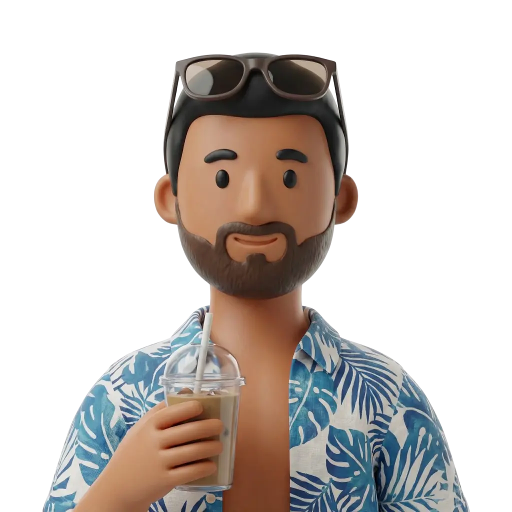 3D portrait bust of a young man with short black hair and a full brown beard, wearing brown sunglasses on his head and an open blue-and-white tropical print shirt, holding an iced coffee in a clear plastic cup with a straw and smiling; isolated on a black background.