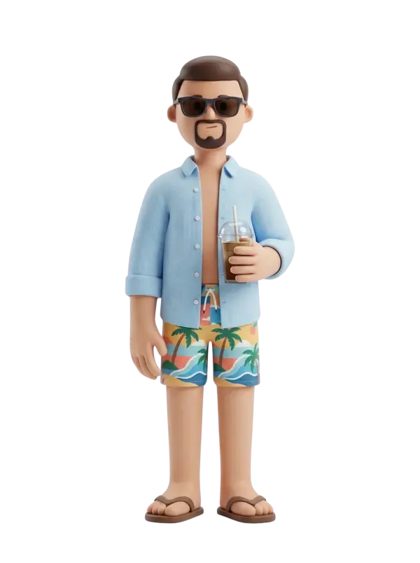 Full-body 3D character of a male vacationer wearing a light blue open shirt, colorful palm-print swim shorts, sunglasses, and brown flip-flops; short dark hair and a trimmed goatee, holding an iced coffee in a clear cup with a straw, relaxed standing pose and neutral expression. Isolated on a transparent background.