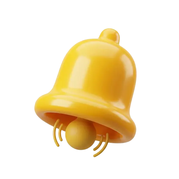 3D render of a glossy yellow notification bell with a rounded clapper and three curved motion lines, smooth plastic-like finish, isolated on a transparent background.