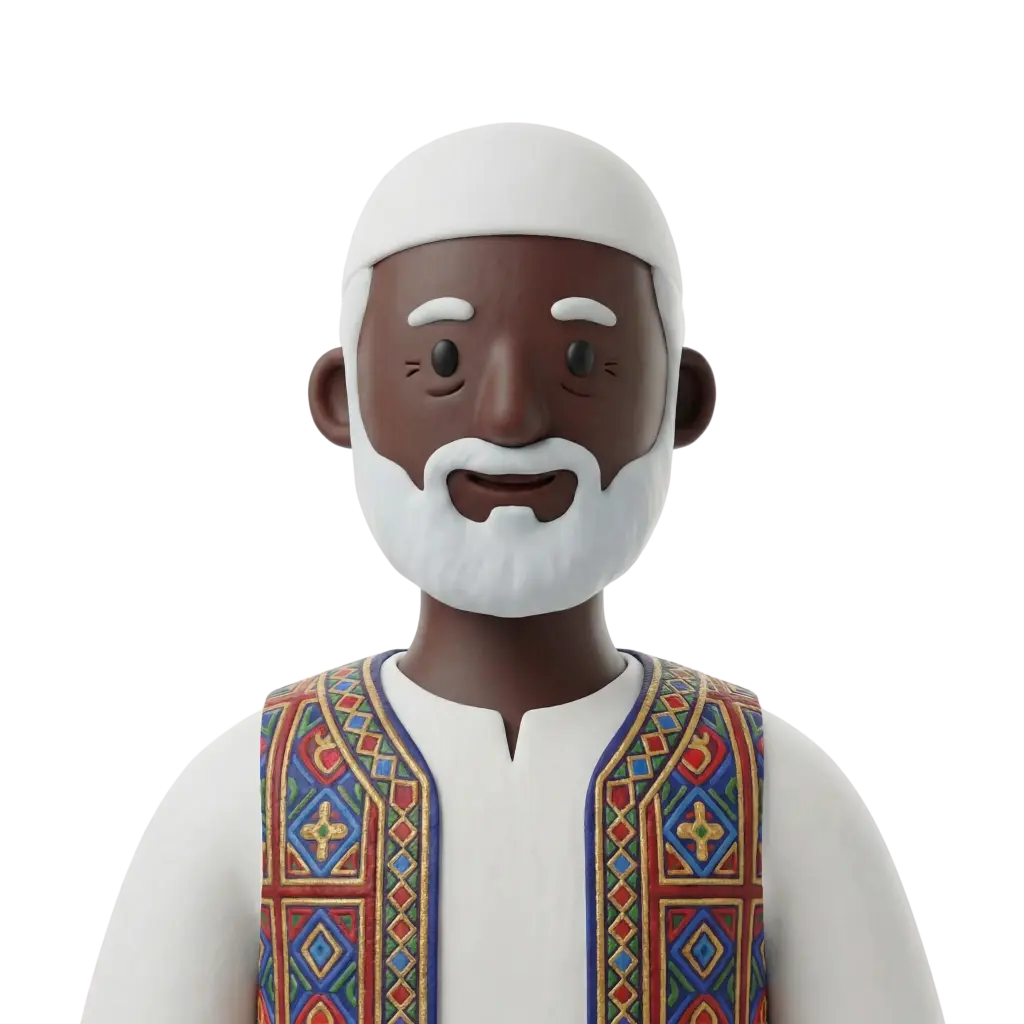 3D portrait bust of an elderly Nubian man with dark skin, white beard, and a white skullcap, wearing a white robe and a colorful embroidered vest with geometric Nubian patterns; friendly smile, forward-facing pose, isolated black background.