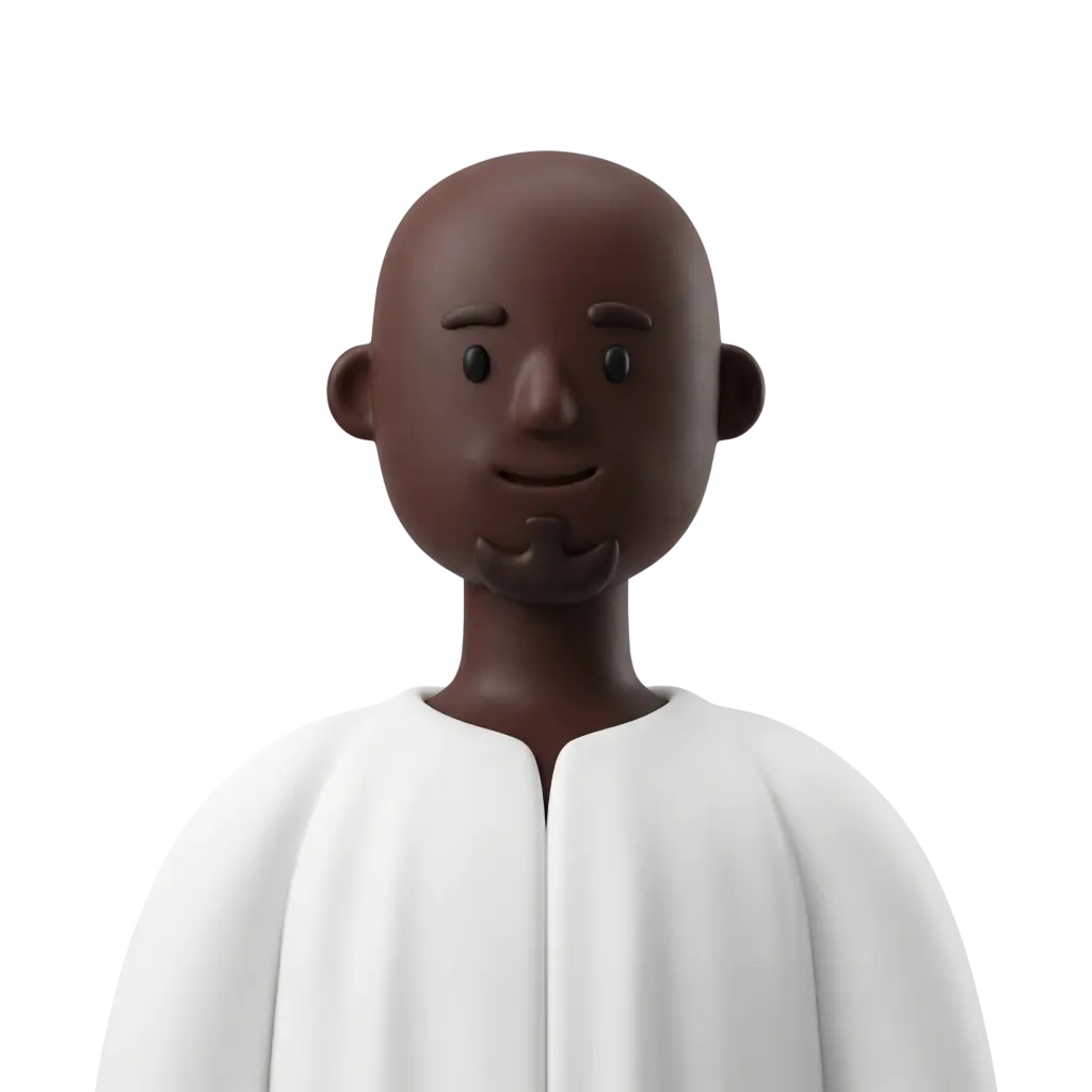 3D portrait bust of a Nubian man with dark brown skin, shaved head and a small chin beard, wearing a white collarless robe; neutral smile and forward-facing pose on a solid black background.