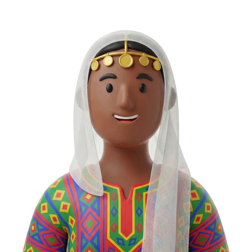 3D portrait bust of a smiling Nubian woman wearing a vibrant multicolored patterned dress and a white translucent headscarf, with a gold coin forehead headpiece; she has dark skin, simple black eyebrows and eyes, frontal pose. Black isolated background.