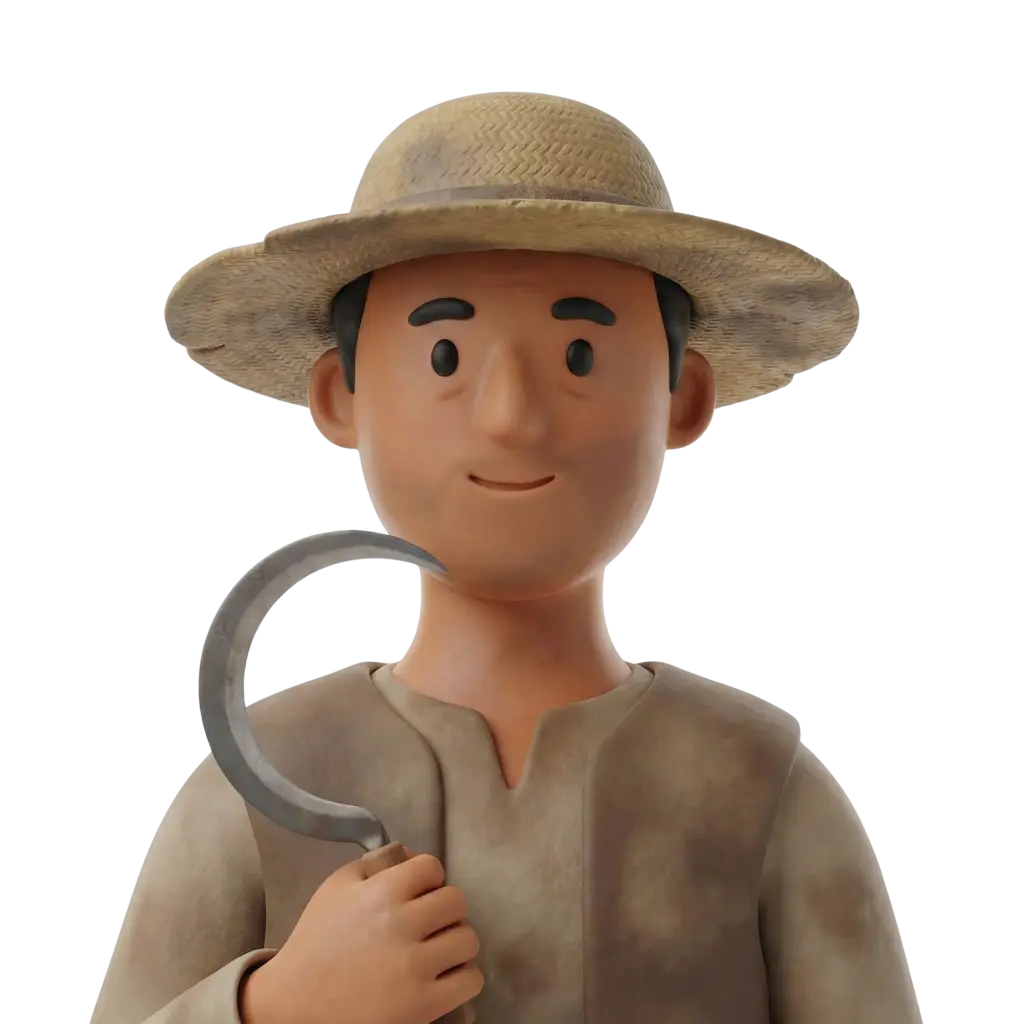 3D portrait bust of a male oasis farmer wearing a wide woven straw hat and a simple beige tunic, holding a curved metal sickle with a wooden handle. He has short dark hair, stylized black eyes, a gentle smile, and an isolated dark background.