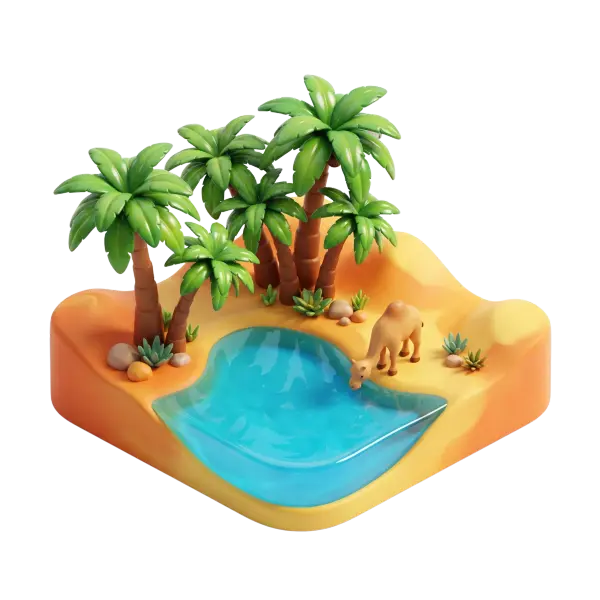 3D render of a stylized desert oasis diorama with glossy turquoise water, matte sandy base, clustered palm trees with glossy green fronds, small succulents, scattered rocks and a camel drinking at the water's edge. Isolated render on a transparent background with soft cartoon-like materials and subtle highlights.