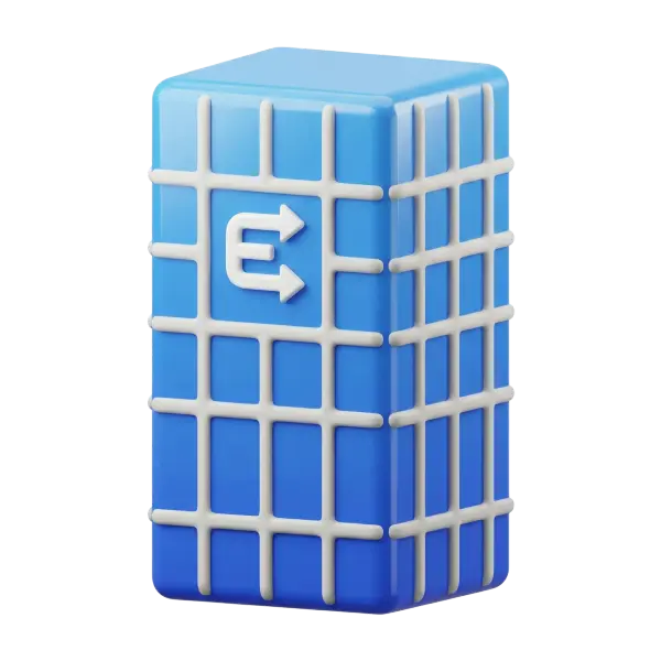 3D render of a stylized rectangular office building in gradient blue with rounded corners, a glossy plastic finish, and a white raised grid façade wrapping the sides; a white double-arrow emblem is embossed on the front. Transparent background.