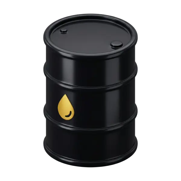 3D render of a black metallic oil barrel with a glossy finish, two top bungs and a gold droplet logo on the side, isolated on a black background.