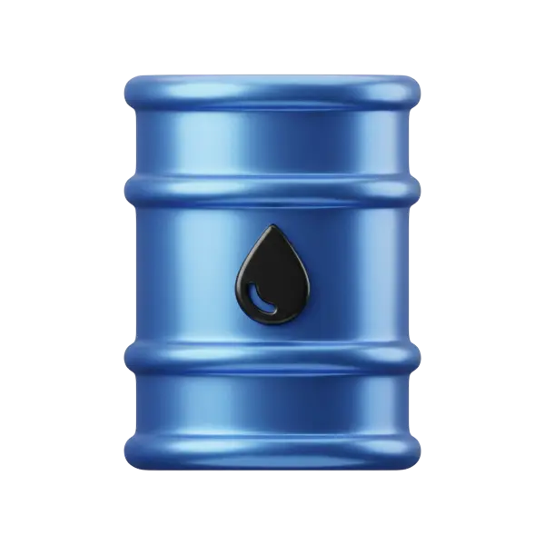 3D render of a glossy metallic blue oil barrel with horizontal ribs and a black oil-drop emblem on the front, cylindrical metal drum with smooth reflections, isolated on a black background.