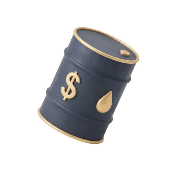 3D render of a navy oil barrel with a matte body and polished gold metallic rims, featuring raised gold dollar sign and oil droplet icons, isolated on a black background.