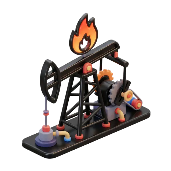 3D render of a stylized oil rig pumpjack with a black glossy metal frame, colorful gears and pipes topped by an orange flame icon. Isolated on a transparent background.