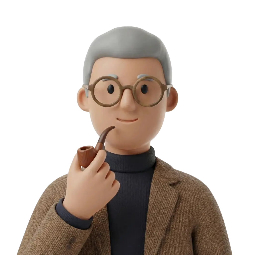 3D portrait bust of an older man with gray hair and round glasses, wearing a brown tweed jacket and a dark turtleneck, holding a wooden smoking pipe near his mouth with a slight smile against a neutral black background.