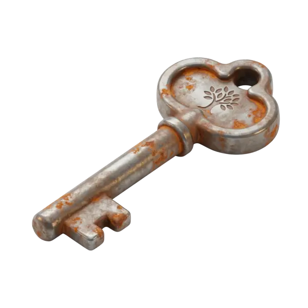 3D render of an antique skeleton-style key with a clover-shaped bow, silver metallic surface with orange rust patches, decorative tree cutout in the bow, isolated on a transparent background.