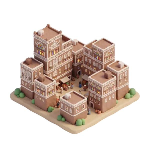 3D clay-style depiction of Old Sana'a's traditional tower houses with brown mudbrick facades, ornate white gypsum trim and colorful stained-glass qamariya windows, showing a small inner market courtyard with mini figures; isometric view with warm lighting on a neutral base.