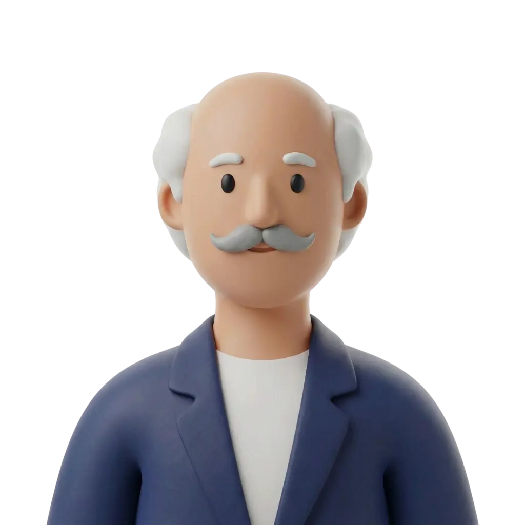 3D portrait bust of an older male teacher with a partially bald head and white hair at the sides, grey curled mustache and white eyebrows, wearing a navy blazer over a white shirt, neutral friendly expression and frontal pose against a plain black background.