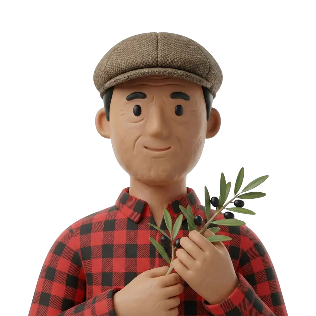 3D portrait bust of an older male olive farmer wearing a brown flat cap and a red-and-black checkered shirt, holding an olive branch with black olives; gentle smile, textured skin, neutral black background.