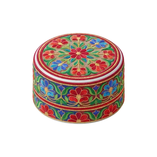 3D render of a round embroidered Omani kummah cap with vibrant red, blue and green floral embroidery, gold-thread accents and a matte fabric base, shown on a black isolated background.