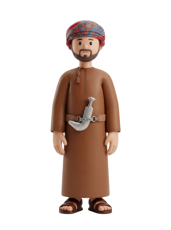 Full-body 3D character of a male Omani wearing a brown dishdasha, a patterned red-and-blue mussar turban, leather belt with a silver khanjar, brown sandals, short beard and a warm neutral expression on a black background.