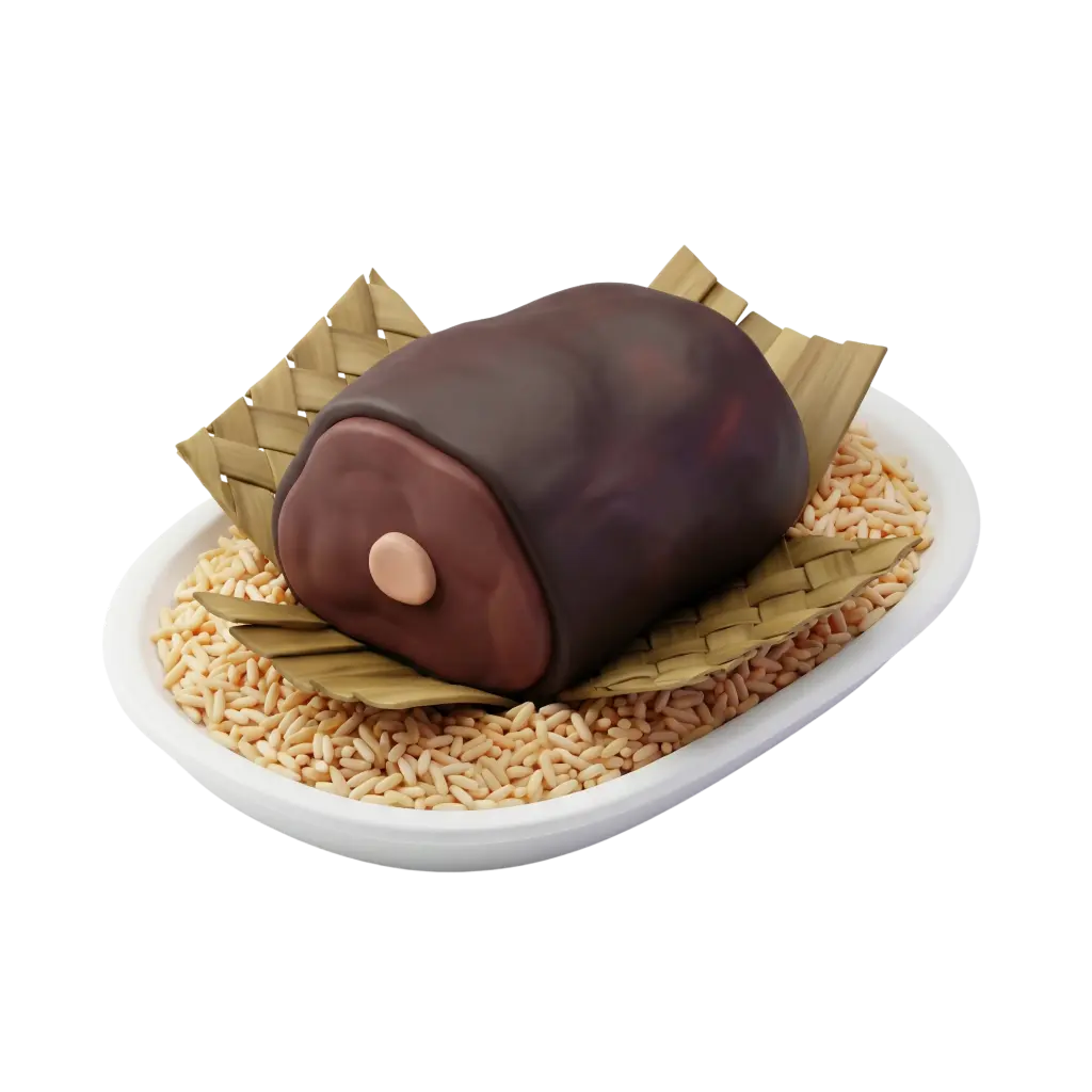 3D render of Omani shuwa: a dark-brown roasted meat roll resting on woven palm leaves over a bed of beige rice in a white oval plate, shown against a black background.