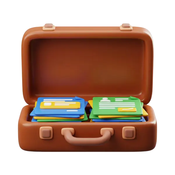 3D render of an open brown briefcase with rounded edges, a smooth semi-gloss leather-like finish, and stacked colorful document cards inside; isolated on a transparent background.