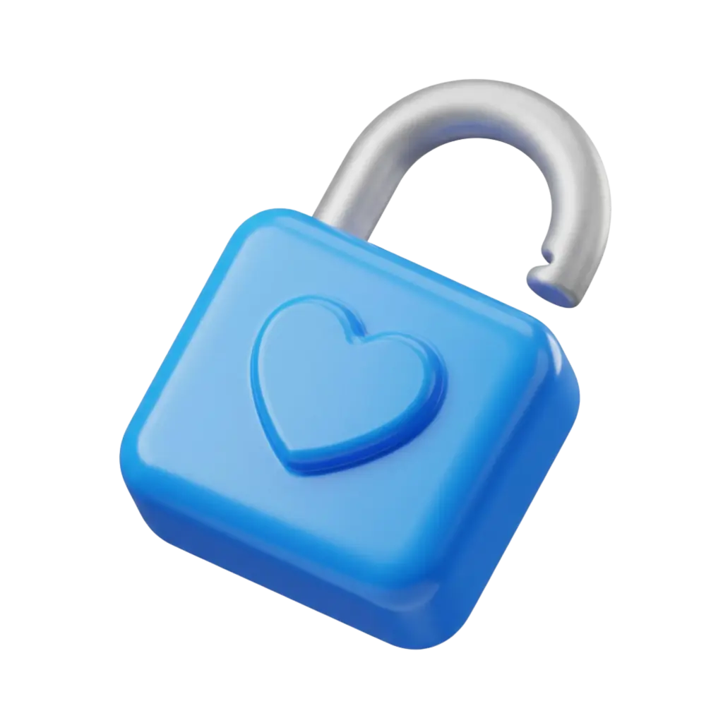 3D render of a glossy blue square padlock with rounded corners and an embossed heart on its front, featuring a metallic silver open shackle set against a black background.