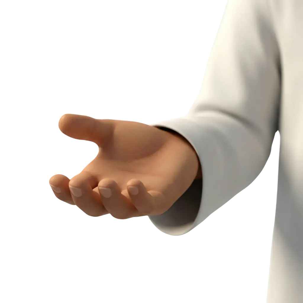 3D render of an open human palm with warm skin tone and matte finish, fingers slightly curled and short natural nails, shown emerging from a white long sleeve cuff. Isolated on a transparent background.