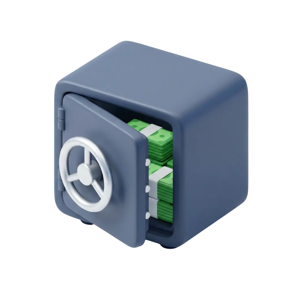 3D render of a compact open safe with a matte blue cubic body, a metallic silver wheel handle on the door, and neatly stacked green banknotes inside; isolated on a transparent background.
