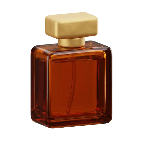 3D render of a rectangular amber glass perfume bottle with rounded edges and a glossy finish, topped by a matte gold square cap; isolated on a black background. The bottle is transparent, showing a visible dip tube inside.