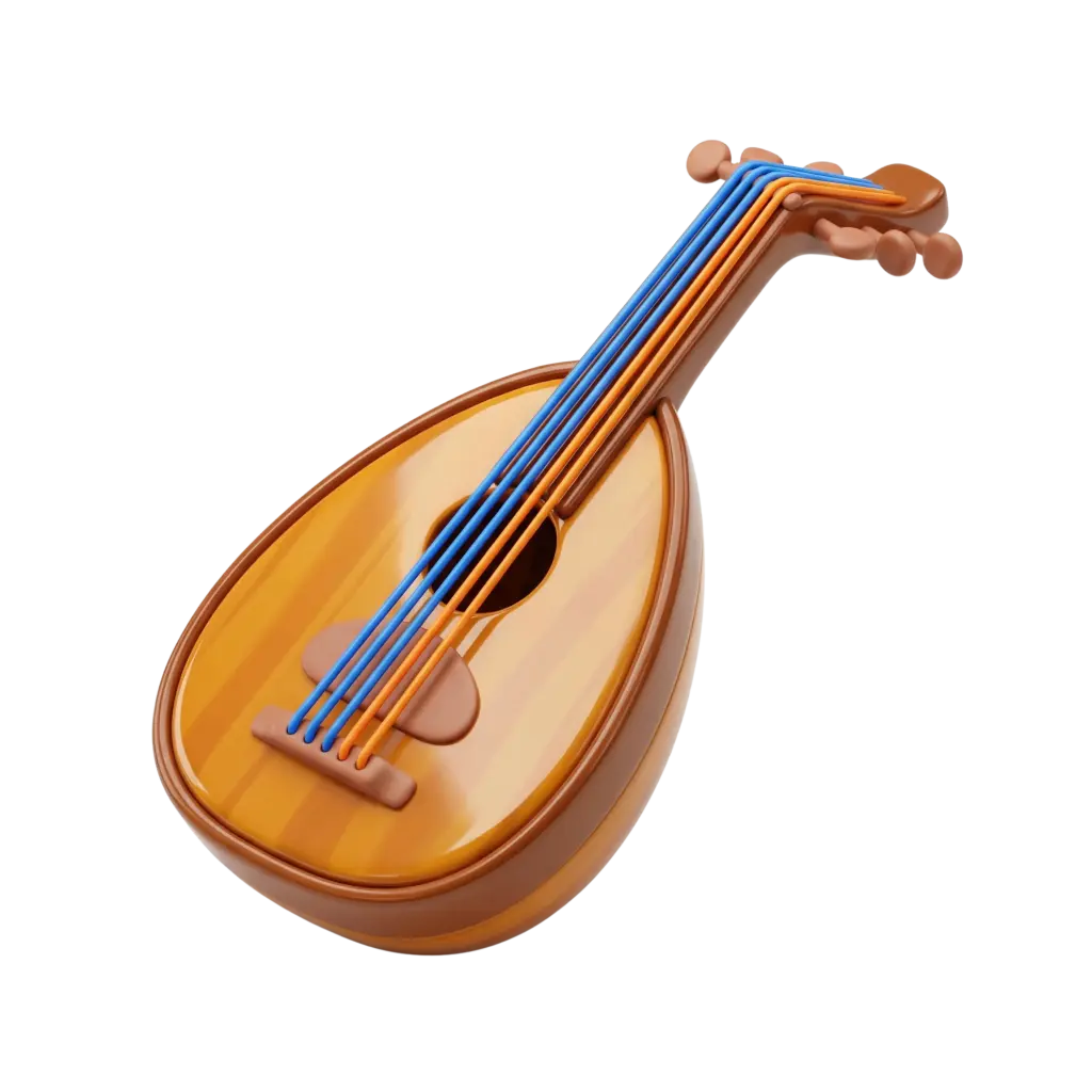 3D render of a stylized glossy wooden oud with blue and orange strings, teardrop-shaped body, rounded pegbox, and reflective lacquered finish on a transparent background.