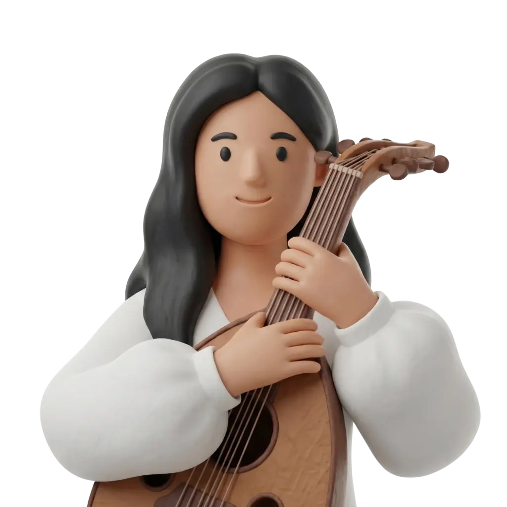3D portrait bust of a woman with long black hair wearing a white blouse, holding an oud against her chest with both hands, smiling subtly, isolated on a dark background.