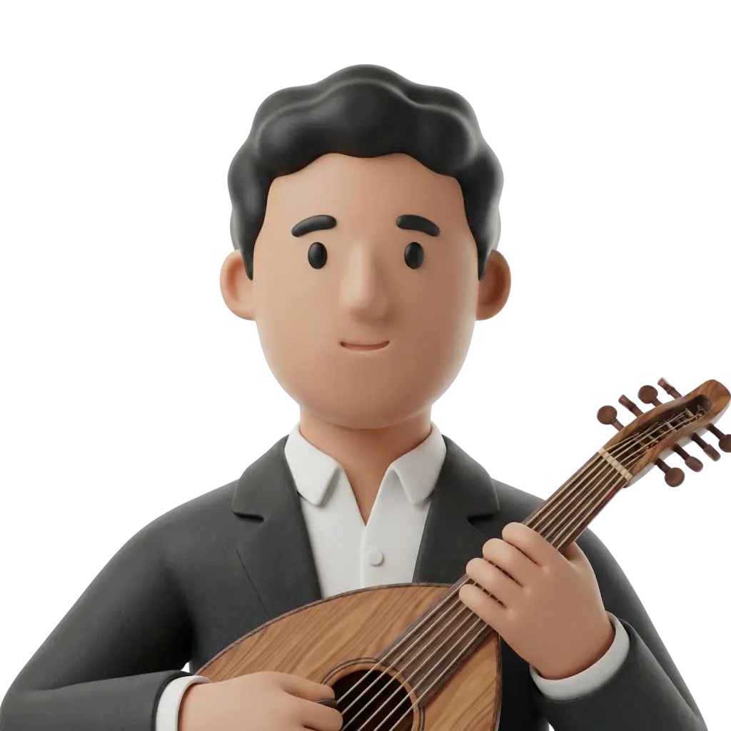 3D portrait bust of a male oud musician wearing a dark grey jacket and white shirt, holding a wooden oud with visible strings and tuning pegs, neutral friendly expression and short wavy black hair. Black isolated background with an isolated render style.
