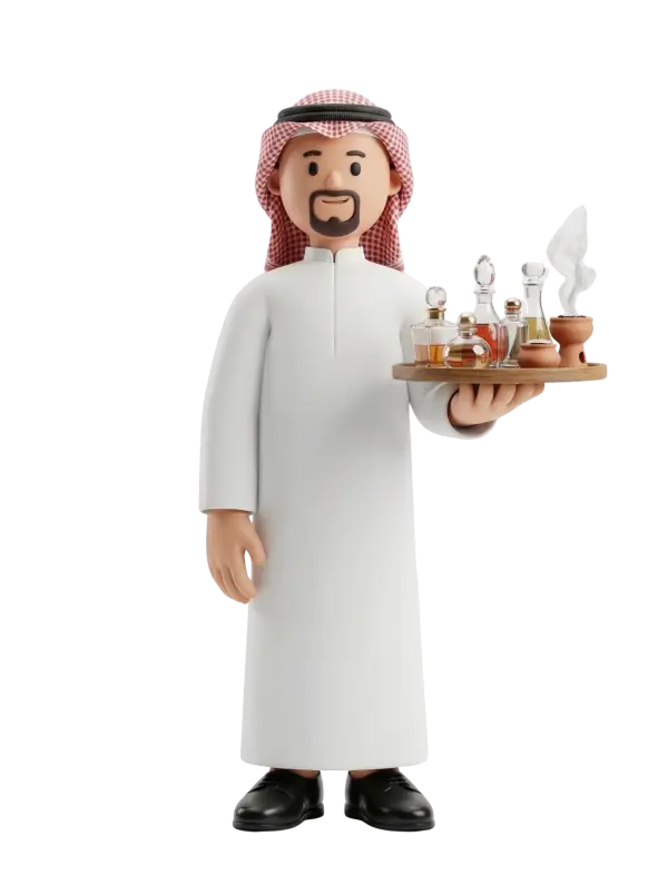 Full-body 3D character of a man wearing a white thobe and red-checkered ghutra with a black agal, smiling and standing against a black background. He holds a wooden tray with glass oud perfume bottles and a clay incense burner emitting smoke.