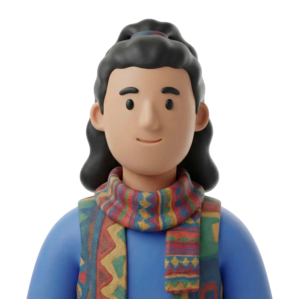 3D portrait bust of a young musician with long dark hair tied back, wearing a colorful patterned scarf over a blue top, neutral smile and simple black eyes, isolated on a black background.