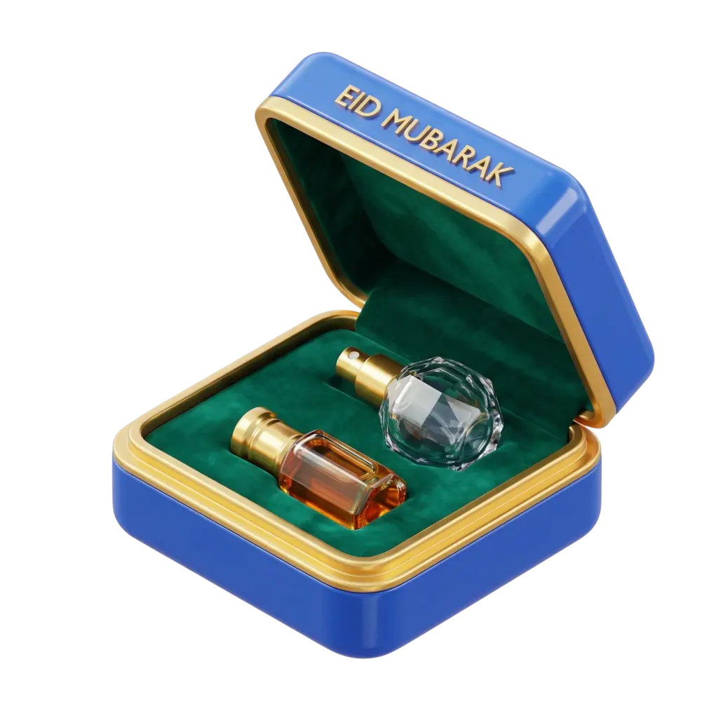 3D render of an open blue and gold hinged gift box with green velvet interior holding two oud perfume bottles — one small amber glass bottle with a gold cap and one faceted clear glass atomizer with a gold sprayer, glossy metallic trim, isolated on a black background.