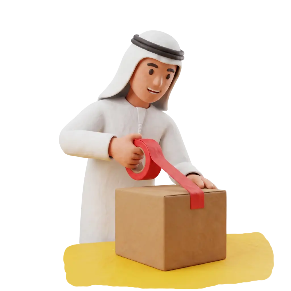 Full-body 3D scene of a male Gulf merchant wearing a white thobe and ghutra with agal, sealing a cardboard box with red packing tape on a yellow tabletop; isolated render on a black background.