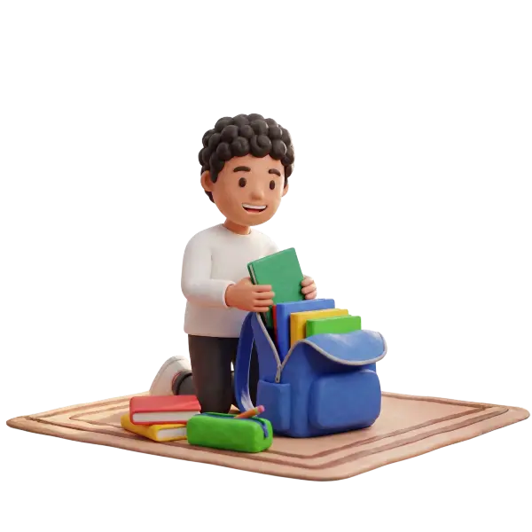 Full-body 3D scene of a male student with curly dark hair wearing a white long-sleeve shirt and dark pants, kneeling and placing colorful books into a blue backpack on a beige rug. Stylized clay-like render with a cheerful expression and soft lighting against a black background.