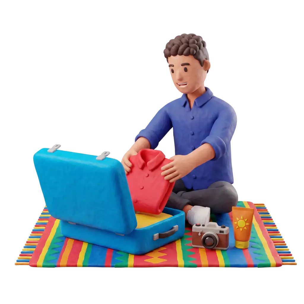 Full-body 3D scene of a single male character with curly hair wearing a blue button shirt and grey pants kneeling and packing a red shirt into an open blue suitcase on a colorful striped mat. Camera and sunscreen tube sit beside the suitcase against a black background.