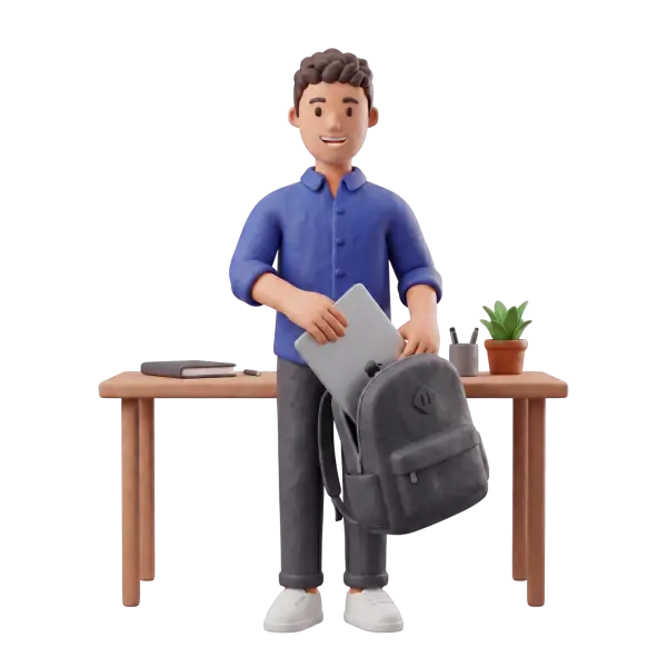 Full-body 3D scene of a young male character in a blue shirt packing a silver laptop into a grey backpack while standing at a wooden desk with a notebook, pen holder and potted plant on a black background. The stylized full-body figure smiles as he arranges his bag in a clean office setup.