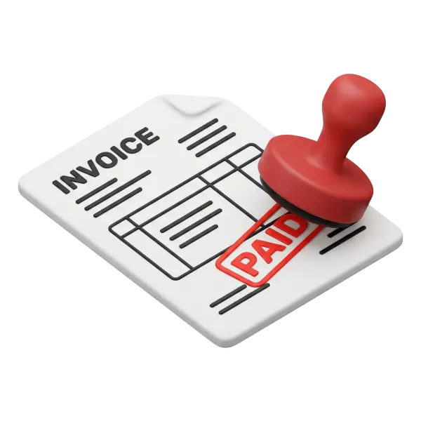 3D render of a white invoice sheet with black line art and the header "INVOICE", stamped by a red round rubber stamp leaving a rectangular "PAID" imprint; matte paper and soft-touch rubber finish, isolated on a transparent background.
