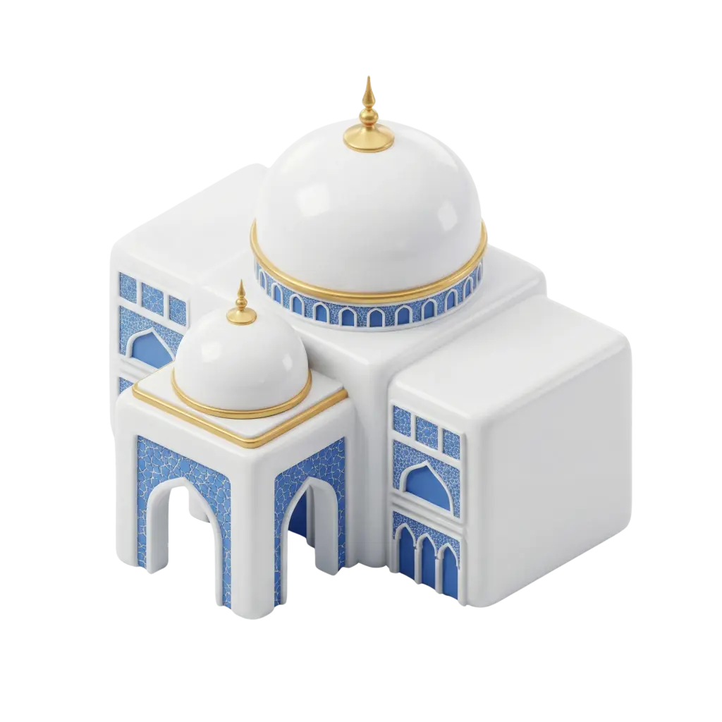 3D render of a small palace-like building with glossy white domes, gold metallic finials and trim, and blue mosaic tile panels; isolated on a black background. The surfaces have a smooth, ceramic-like glossy finish with decorative arched windows and ornamental tile patterns.