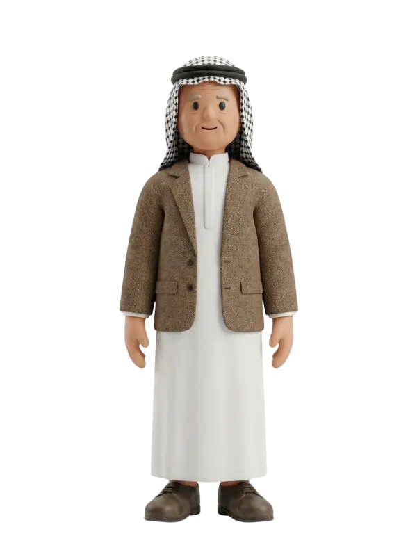 Full-body 3D character of an elderly Palestinian man wearing a black-and-white keffiyeh, a brown blazer over a white thobe, and brown leather shoes, standing with a gentle smile and relaxed pose against a dark isolated background.