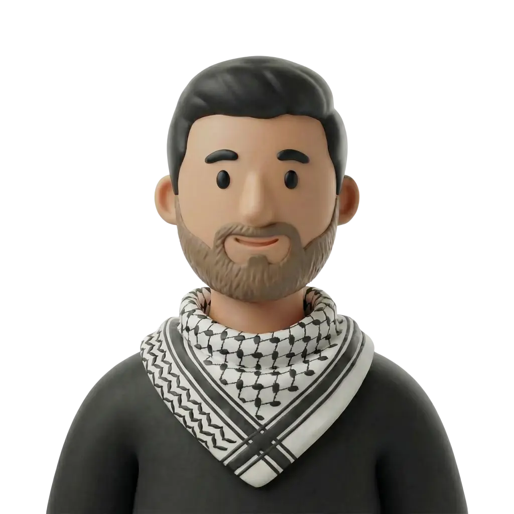 3D portrait bust of a bearded Palestinian man wearing a black-and-white patterned keffiyeh (kufiya) draped around his neck over a dark top, with short black hair and a gentle smile. Isolated render on a black background.