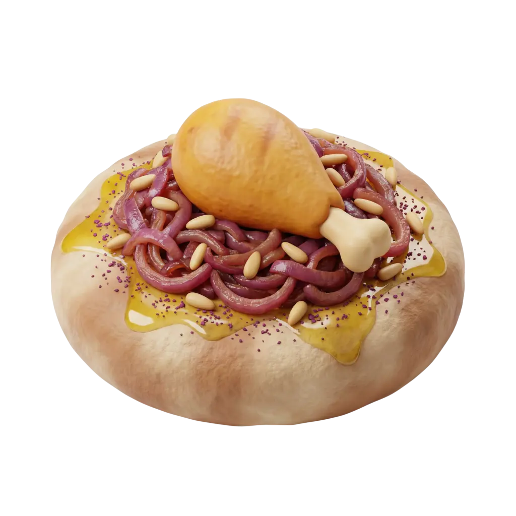 3D render of a round taboon-style bread topped with a roasted chicken leg, glossy caramelized red onions, scattered pine nuts, a drizzle of golden olive oil and a sprinkle of sumac on a black background.