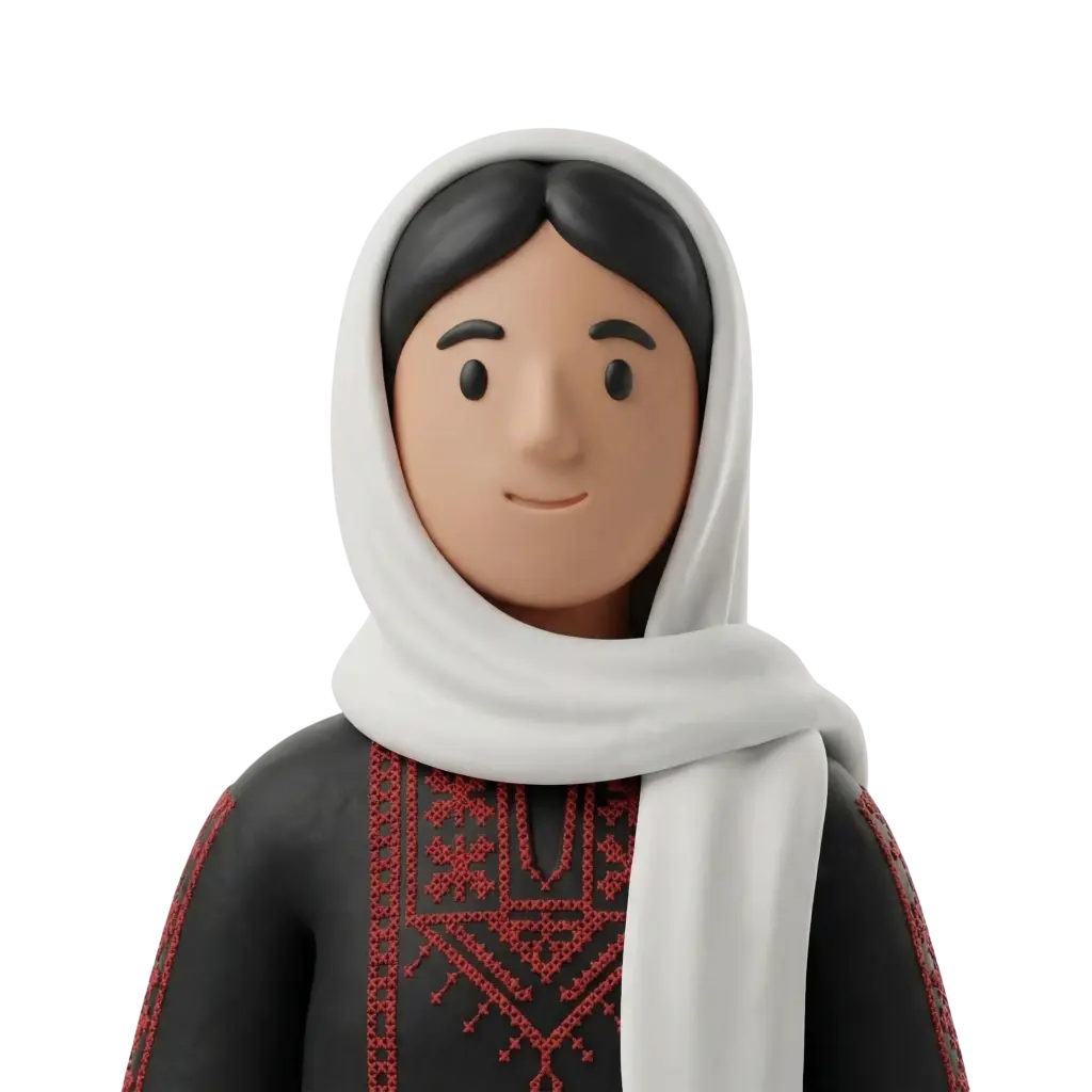 3D portrait bust of a Palestinian woman wearing a white hijab and a black traditional thobe embroidered with red tatreez patterns, neutral smile and simple facial features. The figure is shown in a frontal, relaxed pose on a dark isolated background with no visible accessories.