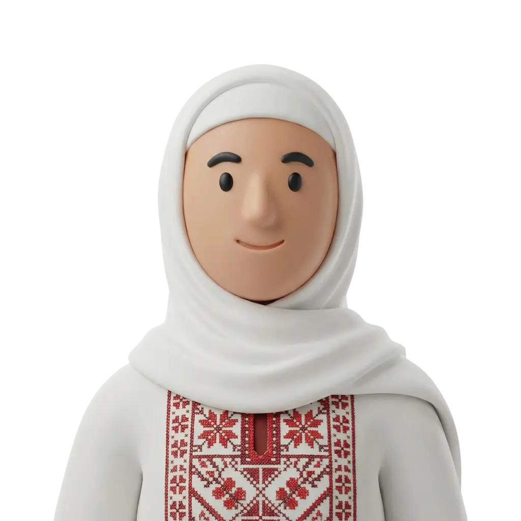 3D portrait bust of a Palestinian woman wearing a white hijab and a traditional white thobe embroidered with red tatreez patterns, smiling gently in a neutral pose, isolated on a black background.
