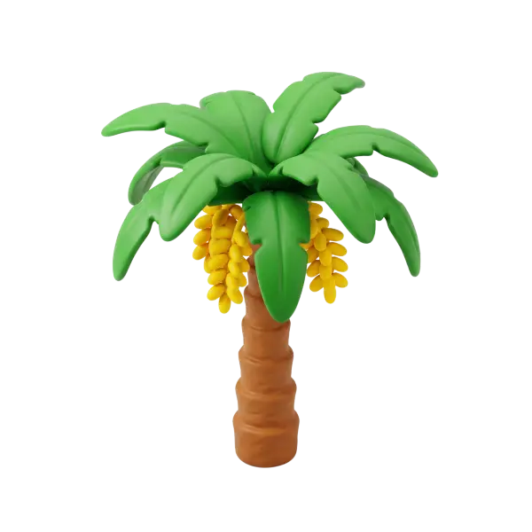 3D render of a stylized palm tree with matte green leaves, clustered yellow dates hanging beneath the crown, and a textured brown trunk on a transparent background.
